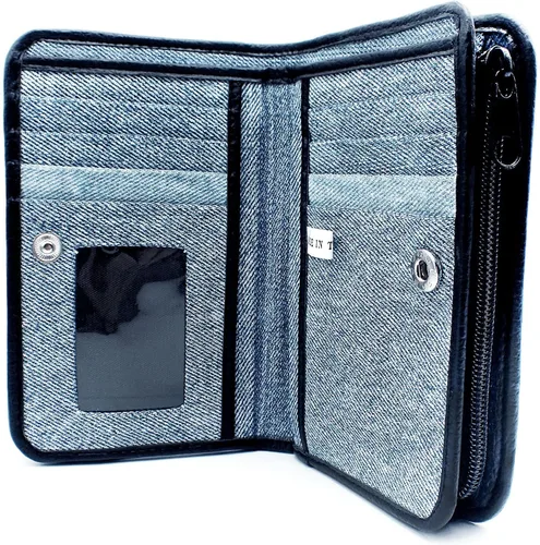 Vista 3 de Bijoux De Ja Upcycling - Cartera compacta para mujer, diseño de mezclilla azul, Mezclilla azul, Francés