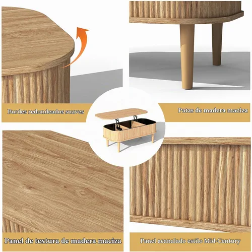 Vista 4 de Mesa de centro acanalada con tapa elevable y almacenamiento oculto, mesa de centro ovalada con tapa elevable, diseño moderno de mediados de siglo