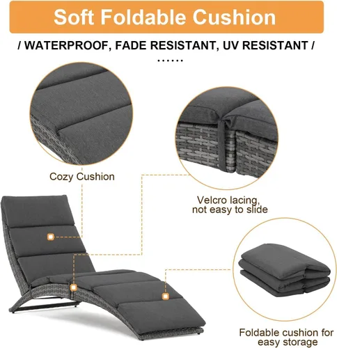 Vista 4 de JOIVI Tumbona para patio, tumbona para exteriores, tumbona plegable de ratán PE con cojín extraíble gris oscuro, adecuado para piscina, jardín