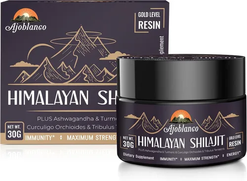 Vista 7 de Ajoblanco Resina Shilajit orgánica natural del Himalaya de 600 mg – Resina Shilajit de oro del Himalaya con mezcla ayurvédica orgánica en alta
