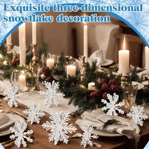 Vista 2 de Blulu 24 piezas de decoración de copo de nieve de madera 3D blanco copo de nieve de mesa y centro de mesa, decoración de madera de invierno