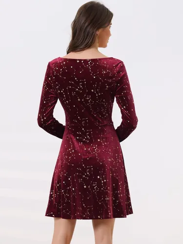 Vista 4 de Allegra K Minivestido de terciopelo vintage con cuello cuadrado y estrellas navideñas para mujer