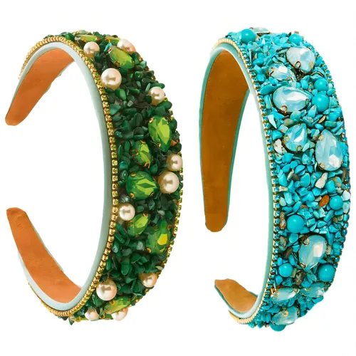 Vista 23 de Diademas turquesa para mujeres y niñas, banda ancha antideslizante para la cabeza, bandas para la cabeza con nudo superior, diadema de perlas de Azul