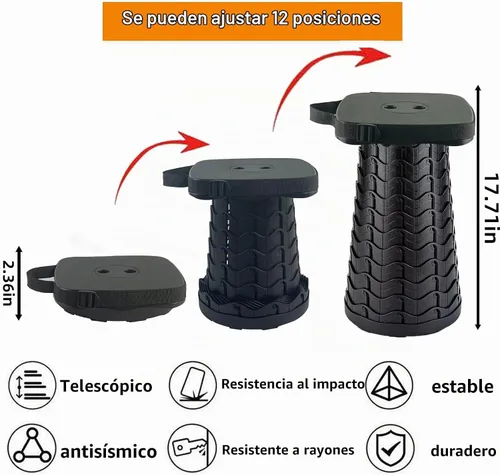 Vista 2 de Taburete plegable para acampar con cojín de asiento y bolsa de nailon, taburete telescópico portátil cuadrado, taburete plegable ligero y resistente