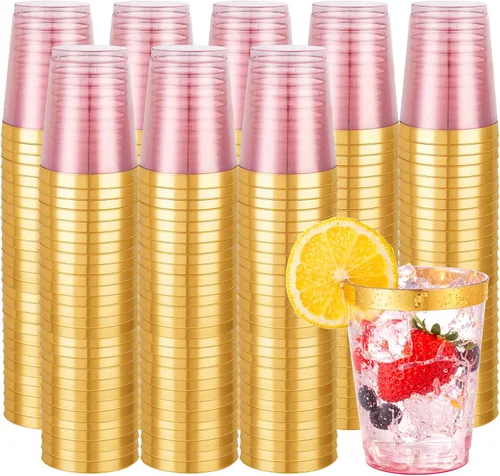 Vista 12 de Supernal 100 piezas de vasos de plástico azules, vasos desechables transparentes azules claros de 10 onzas con borde dorado, vasos de plástico