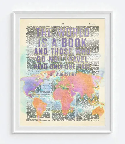 Vista 2 de Cartel decorativo de pared con cita de San Agustín, con texto en inglés «The World Is a Book and Those Who Do Not Travel»