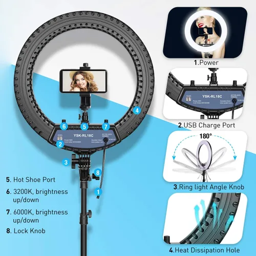 Vista 4 de Yesker Anillo de luz de 18 pulgadas con trípode grande para selfie, luz de anillo ajustable de 6000 K regulable, LED, portátil, profesional, kit