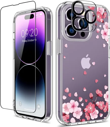 Vista 28 de Funda para iPhone 14 Pro con protector de pantalla, 6.1 pulgadas, transparente de cuerpo completo, a prueba de golpes, diseño floral, para niñas