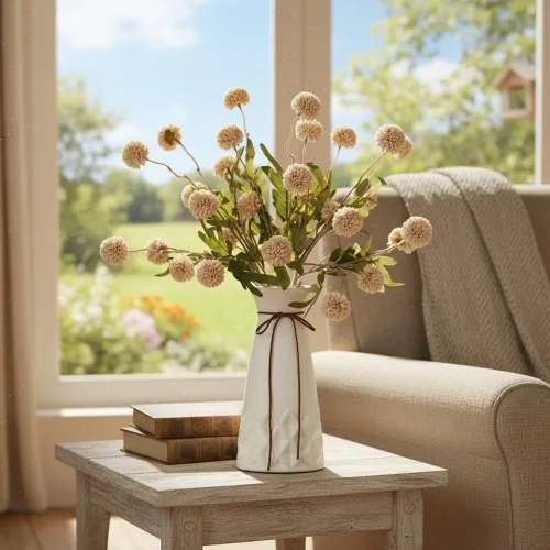 Vista 5 de Mini flores artificiales de crisantemo, 10 tallos de pompón sintético para arreglos de jarrón, decoración del hogar (beige)