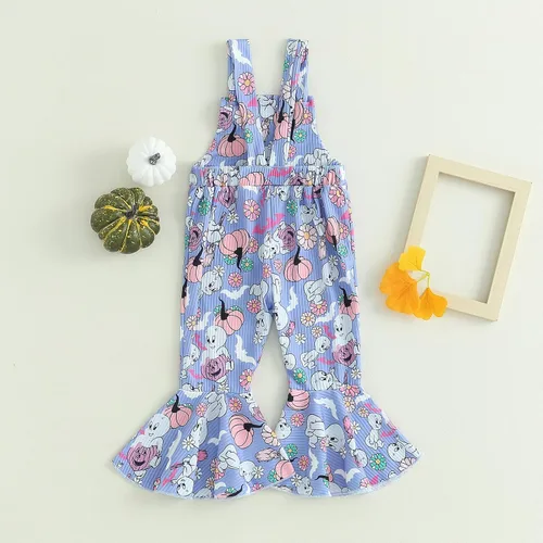 Vista 6 de YOKJZJD Traje de Halloween para bebé niña pequeña, traje de calabaza, fantasma, tirantes, overol, pantalones acampanados, ropa de otoño