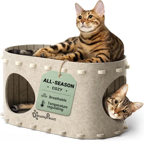 Vista 16 de DownyPaws Casa para gatos de interior, cueva plegable de 2 pisos, cama tipo túnel de fieltro para gatos, cubo, escondite para multicats, resistente