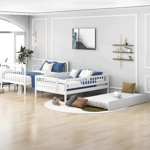 Vista 3 de Litera de madera para niños, tamaño matrimonial sobre matrimonial, con escaleras, cama nido de almacenamiento para niños y niñas, no necesita somier