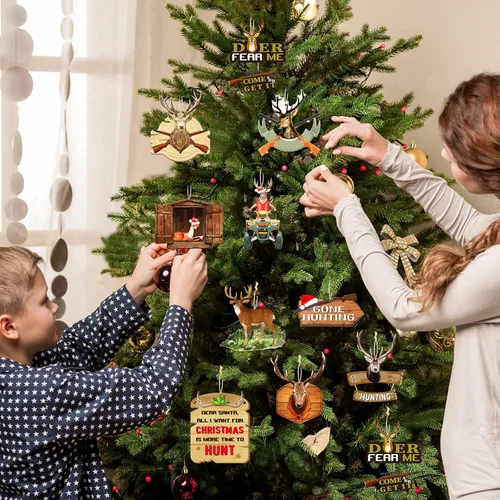 Vista 5 de Amyhill 30 adornos de árbol de Navidad de madera para caza, ciervos, caza, adornos decorativos para colgar con pistola, adorno de Navidad, bosque
