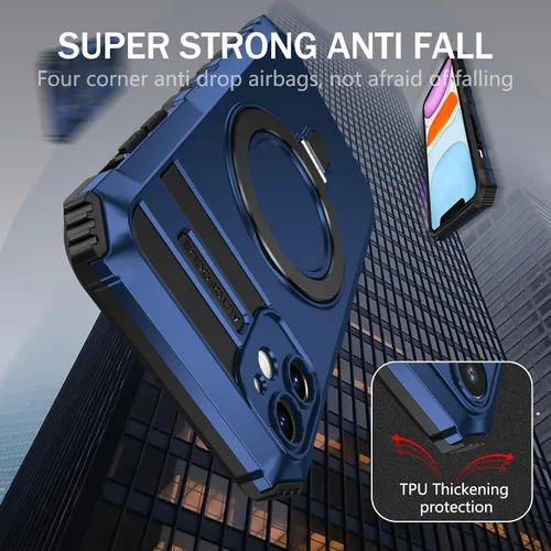 Vista 3 de Funda magnética para iPhone 11 [compatible con MagSafe] con 2 protectores de pantalla de vidrio templado con soporte de anillo, grado militar Azul