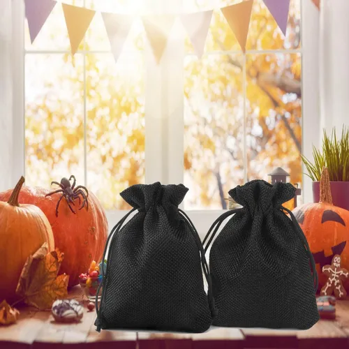 Vista 6 de 50 bolsas de regalo de arpillera con cordón de 2.7 x 3.5 pulgadas, bolsas de yute para joyas, bolsas de lino, Halloween, bodas, fiestas, bolsas