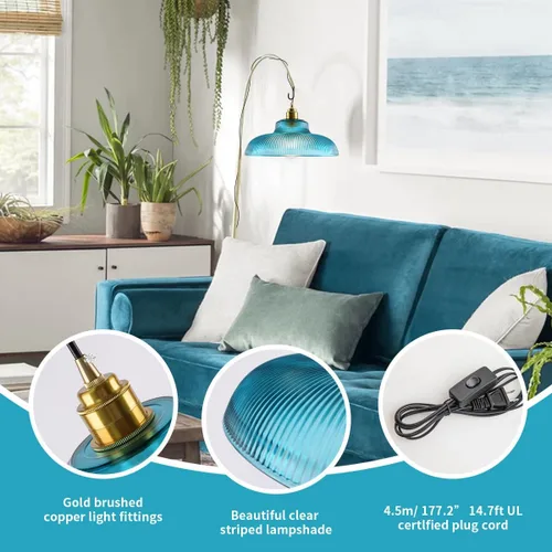 Vista 3 de Lámpara colgante enchufable de cristal azul, lámpara colgante dorada de altura ajustable con interruptor de encendido/apagado de cable de 14.7 pies
