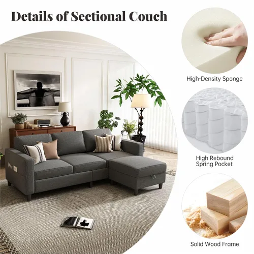 Vista 2 de Sofás Seccionales para Sala de Estar - Sofá Moderno en Forma de L Gris Oscuro de 3 Asientos con Otomana de Almacenamiento Reversible y Bolsillos