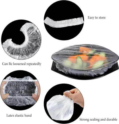 Vista 2 de DYM - 90 fundas elásticas reutilizables para tazones, cubiertas elásticas de plástico PE elástico para almacenamiento de alimentos, cubiertas
