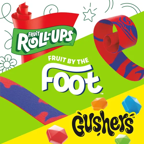 Vista 4 de Fruit Roll-Ups, Fruit by the Foot, Gushers Fruit Flavored Snacks paquete variado, sin gluten, 8 unidades, 5.1 onzas (paquete de 8)