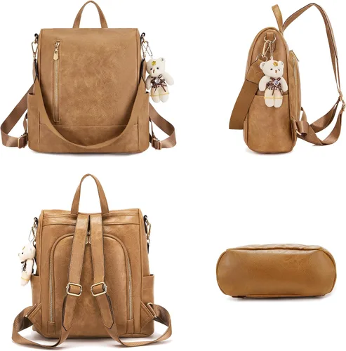 Vista 3 de Soperwillton Mochila de moda para mujer, bolso de hombro de cuero antirrobo, bolsa de viaje, múltiples bolsillos, cartera, juego de 3 piezas