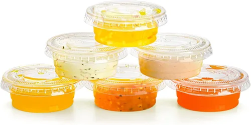 Vista 3 de Frcctre Paquete de 400 vasos de plástico desechables de 0.5 onzas con tapas, vasos pequeños de gelatina, recipientes de plástico para condimentos