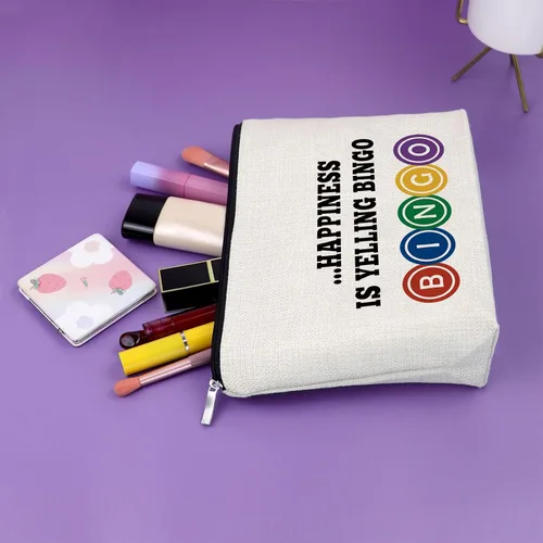 Vista 5 de Sazuwu Bingo Regalos Bolsa de Maquillaje Bingo Amantes Regalos Cosméticos Bolsa de Cumpleaños Regalos de Navidad Bolsa de viaje, Beige