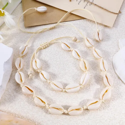 Vista 4 de Juego de collar y pulsera de concha natural para mujer, hecho a mano, gargantilla ajustable con concha natural