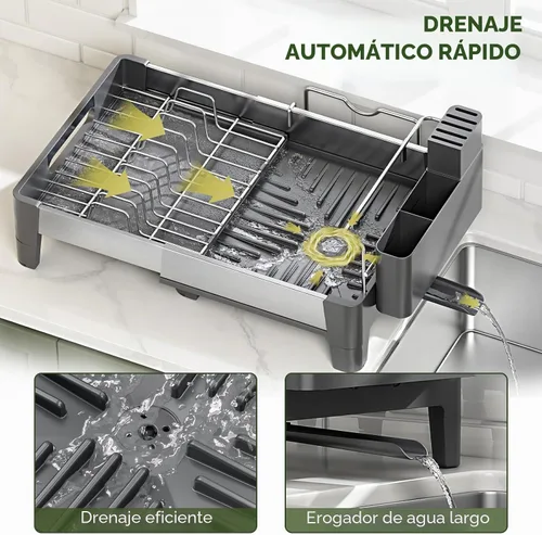 Vista 5 de Urackify Escurridor de platos expandible, escurridor de platos de acero inoxidable con marco de aluminio, escurridor de platos para encimera