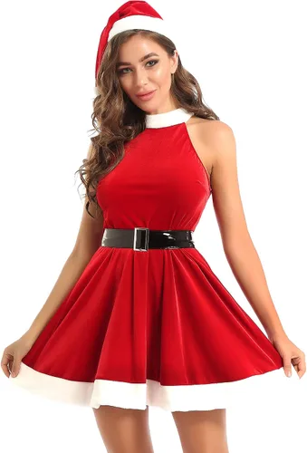 Vista 6 de Loloda 3 piezas de terciopelo suave para mujer y adulto, disfraz de Papá Noel, vestido de franela con sombrero