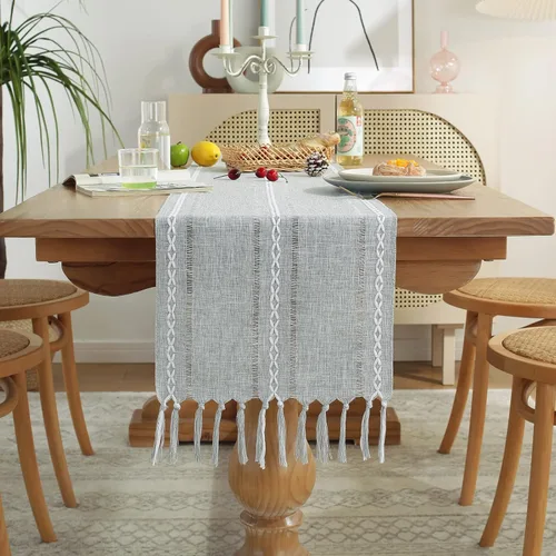 Vista 17 de Wracra Camino de mesa de lino rústico estilo granja, camino de mesa bordado de 36 pulgadas de largo con borlas a mano para fiestas, decoración