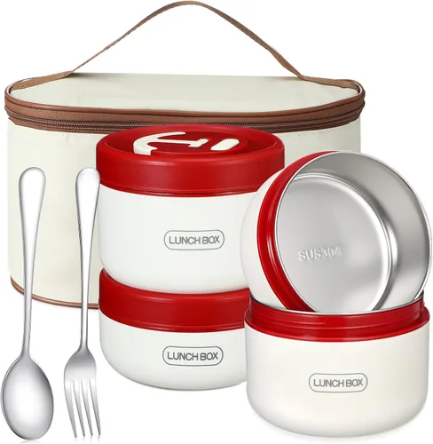 Vista 8 de Dandat 4 Piezas Caja Bento Aislada Contenedor Portátil de Acero Inoxidable para Alimentos Redondo Apto para Microondas Apilable A Prueba de Fugas