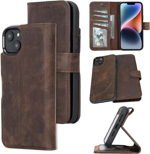 Vista 23 de Bayelon Funda para iPhone 14, funda de cuero de grano completo, [2 en 1], funda magnética desmontable con ranuras para tarjetas, soporte y función
