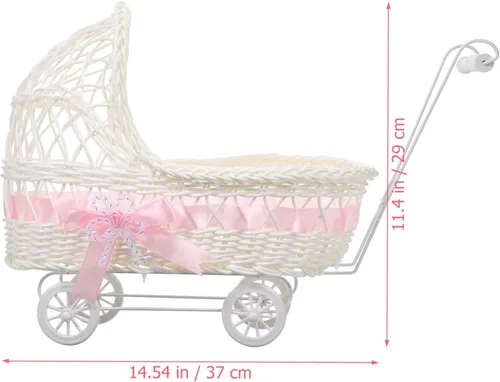 Vista 2 de Cesta de mimbre de mimbre de imitación para cochecito de bebé, con forma de carrito, cesta multiusos de caramelo para baby shower, fiesta