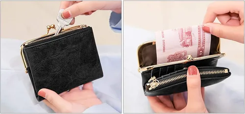 Vista 7 de PofeeXIO Billetera para mujer con RFID, pequeña, compacta, de piel, vintage, con cremallera y cierre de beso