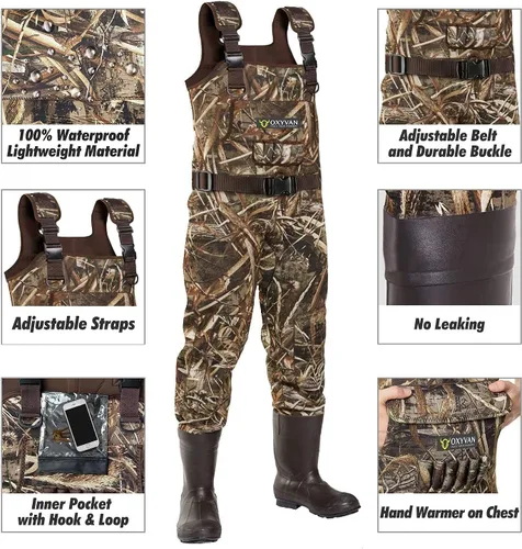Vista 2 de Vadeadores para caza de pato con botas de goma aisladas de 600G, neopreno con camuflaje Realtree MAX-7, vadeadores de pesca hasta el pecho