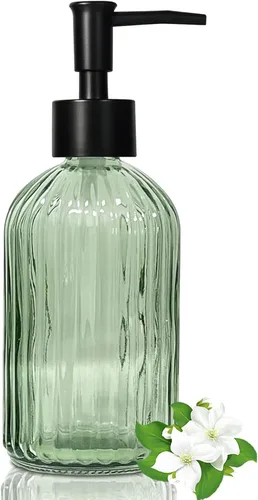 Vista 16 de Dispensador de jabón de vidrio pequeño de 12 onzas con bomba de plástico negro, dispensador de jabón líquido para encimera de cocina recargable Verde