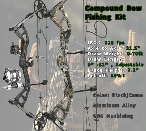 Vista 2 de Kit de arco compuesto de pesca de arco, 0-70 libras ajustable, extremidad fabricada en Estados Unidos, con carrete de pesca con arco, flechas