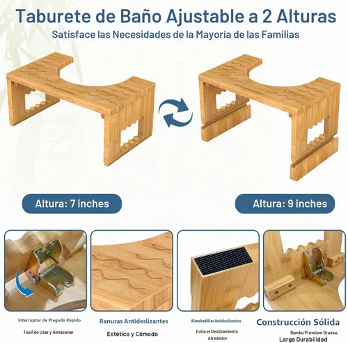 Vista 3 de KingPavonini Bamboo Toilet Stool Squat 7in & 9in Adjustable Height, Bamboo Bambú-nuevo