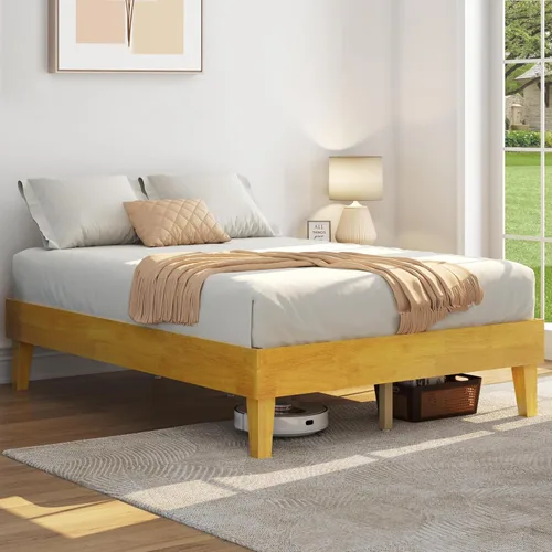 Vista 3 de Yaheetech Base de cama matrimonial con plataforma de madera maciza natural con soporte de listones de madera, espacio debajo de la cama de 12 Madera
