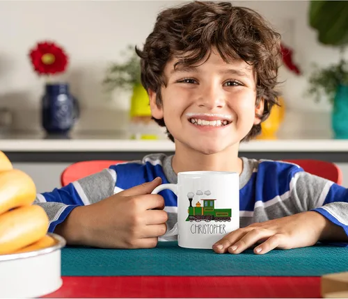 Vista 5 de Taza Personalizada para Niños, Niños, Niñas Taza Personalizada de Chocolate Caliente, Cacao, Café y Té Regalo de Cumpleaños con Nombre D11 - Tren
