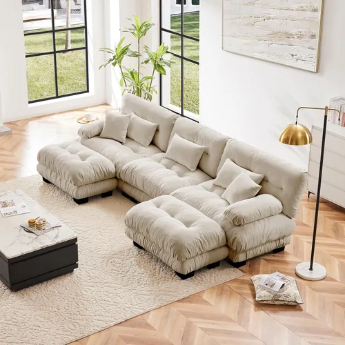 Vista 26 de Sofá modular en forma de U de 118 pulgadas con 2 otomanas, sofá de nube de terciopelo peletizado con almohadas de apoyabrazos de refuerzo, cómodo