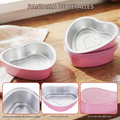 Vista 3 de Juego de 15 moldes para pasteles en forma de corazón con tapas, mini recipientes desechables de papel de aluminio para cupcakes de 22.7 onzas