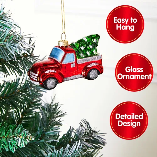 Vista 2 de Joiedomi Adornos Navideños Mini de Camión Rojo con Árbol, Adorno Pequeño y Divertido de Vidrio Soplado para Colgar en Árbol de Navidad, Decoraciones