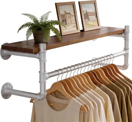 Vista 13 de WEBI Perchero de pared con estante, perchero industrial de 24 pulgadas con estantes, barra de ropa de hierro resistente, barra de ropa de exhibición