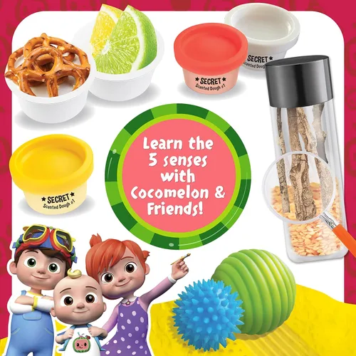 Vista 2 de Cocomelon - Kit de ciencia sensorial para niños, 5 experimentos, masa perfumada, bolas texturizadas y lupa.
