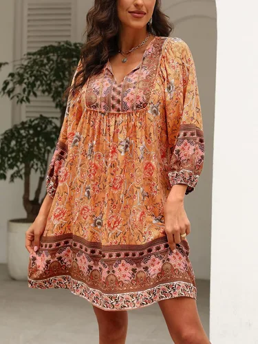 Vista 3 de Qearal Vestido corto de verano para mujer, estilo casual, cuello en V, manga 34, estampado floral, estilo bohemio, suelto, corto, para playa