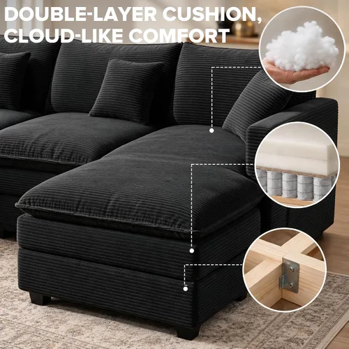 Vista 5 de Sofá seccional modular de 107", sofá de nube en forma de L con otomana Negro