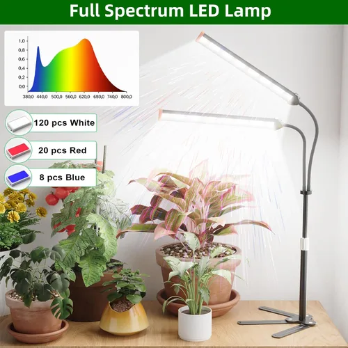 Vista 4 de Lámpara para cultivo de plantas con soporte ajustable de 15 a 47 pulgadas, lámpara de cultivo de plantas de tres cabezales con bombillas LED rojas