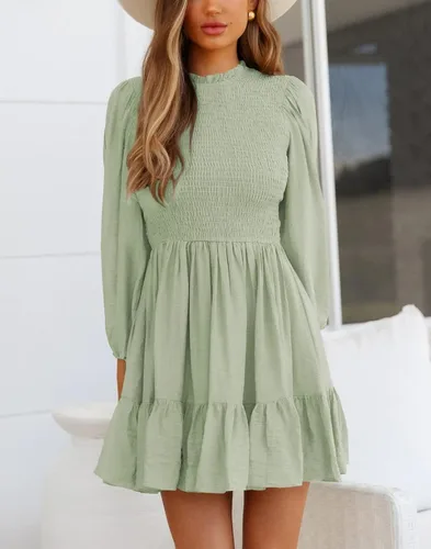 Vista 4 de Merzhiiry Vestido corto de verano con cuello cuadrado y manga abombada fruncida para mujer con volantes con vuelo acampanado estilo casual