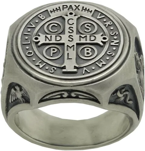 Vista 5 de Anillo de plata de ley 925 de San Benito para hombre, exorcismo católico cristiano, protección demoníaca